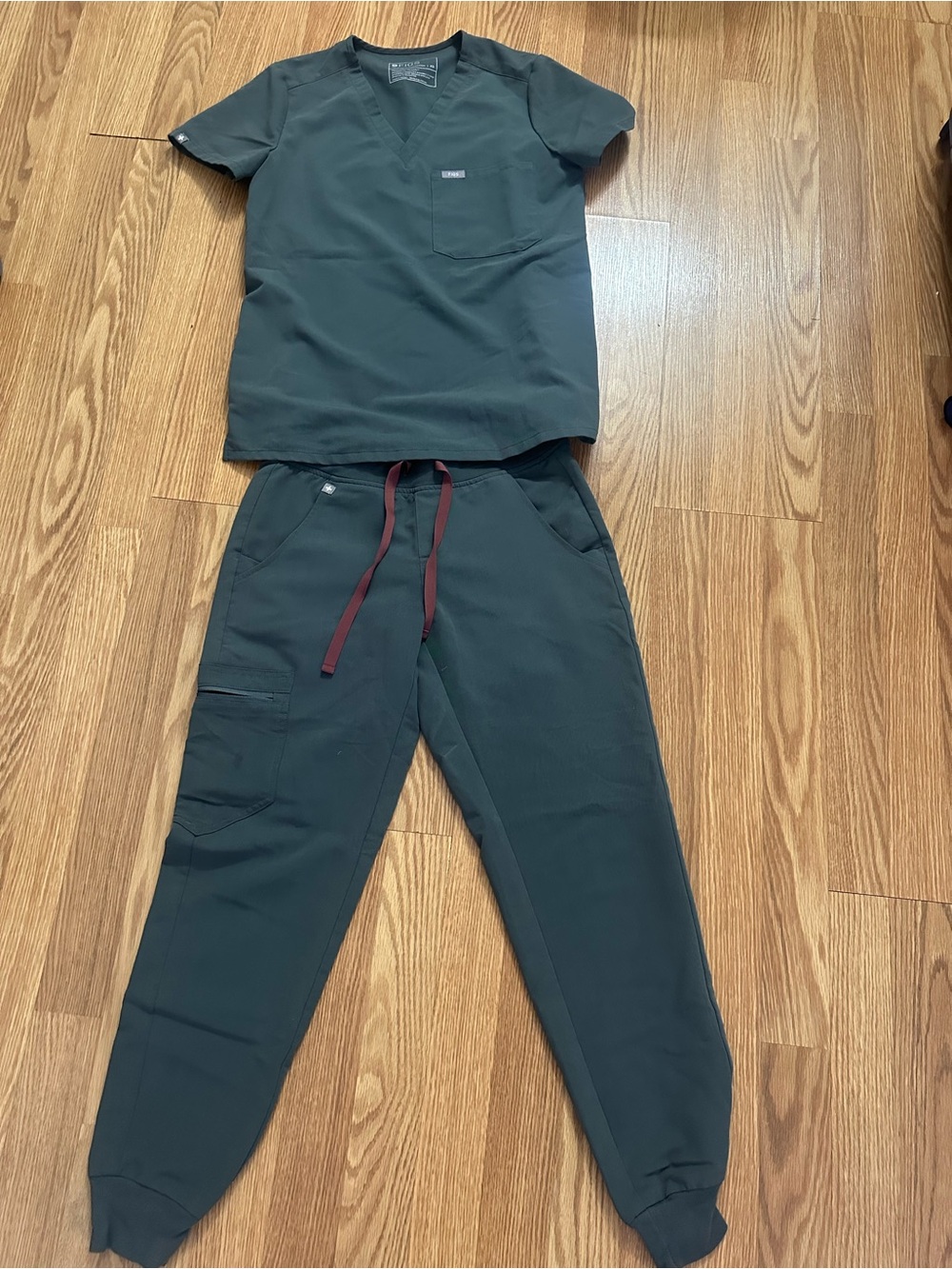 Figs Dark Green Scrub Jogger Pants with Burgundy Drawstring